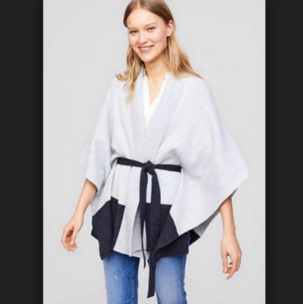 Loft gray poncho, belted cape, open front sweater